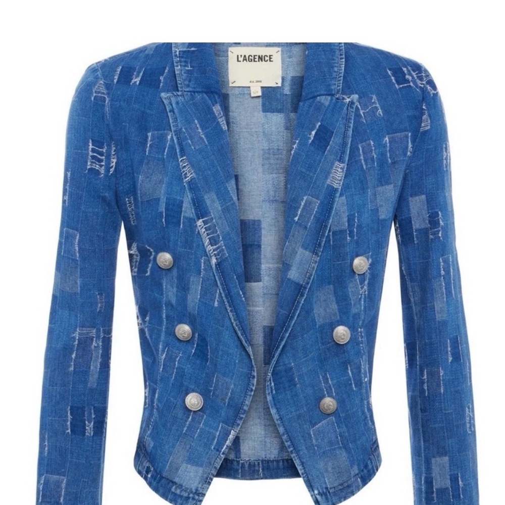L'AGENCE Wayne Patchwork Denim Crop Blazer, Size L Excellent Condition